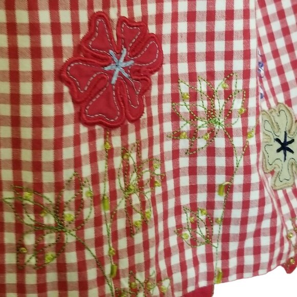 Bobbie Brooks Vintage Faux 2 Piece Red Top Size 14W Embroidered Beads Gingham Tw - Picture 7 of 13